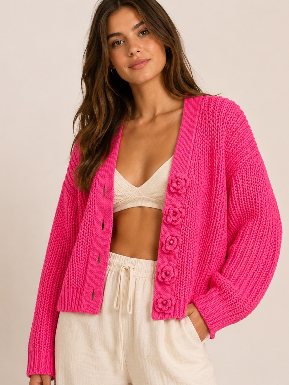 POL Hot Pink Knit Floral Button Cardigan Sweater